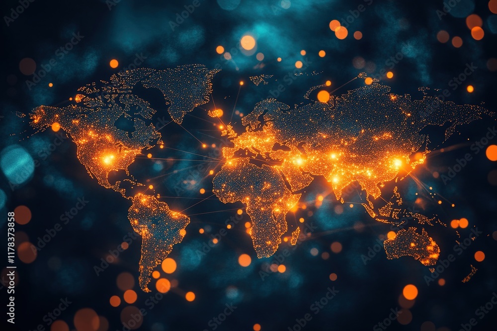 Poster global network: illuminating connections across continents through intertwined pathways of light, sh