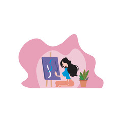 Illustration Of A Girl Painting On Canvas Simple Minimalist Background