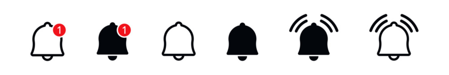Notification bell icon set. Alarm symbol. Ringing bells reminder icon , incoming inbox message sign - Web icons collection set