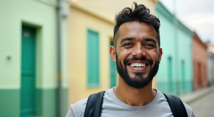 Naklejka premium Smiling Hispanic man stands outdoors in urban setting. Likely in 40s. Looks happy, confident. Casual clothes, backpack suggest relaxed possibly traveling lifestyle. Colorful buildings in background