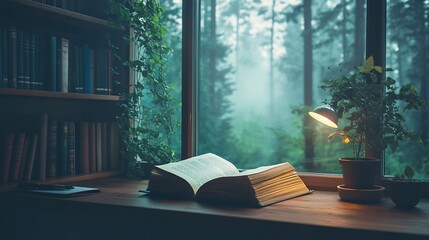 Open book on windowsill, misty forest view.