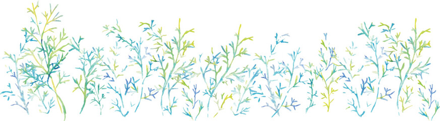 水彩画。水彩タッチのグラデーションカラーの草木イラスト。夏カラーの爽やかな葉っぱと木。Watercolor painting. Watercolor touch gradient color grass and trees illustration. Fresh leaves and trees in summer colors.