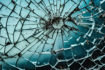 Obraz premium Shattered glass window with a green background.
