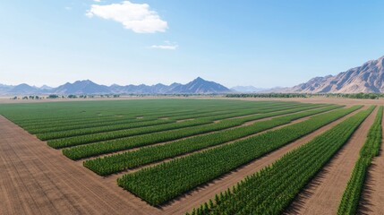 Aerial view of a lush green agricultural field with mountains.