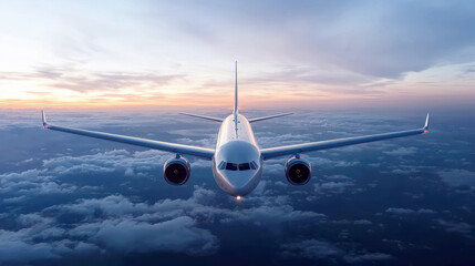 Airplane soaring through clouds at sunset