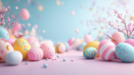 Fototapeta premium Colorful Easter eggs and spring decor on pastel background