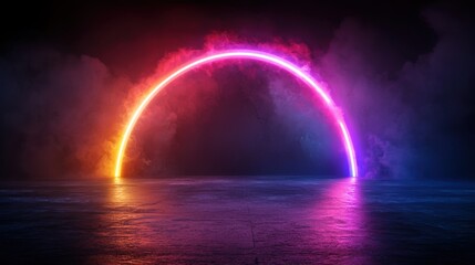Vibrant neon rainbow arch glowing in a misty environment