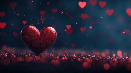 Glittering red heart surrounded by floating hearts