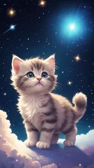cat wallpaper cute cartoon,Playful kitten with fluffy tail, surrounded by tiny stars in space

