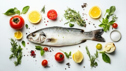 A fresh fish surrounded by herbs, tomatoes, and lemon, showcasing a culinary arrangement.