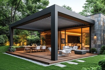 Outdoor dining space under modern aluminum pergola with white chairs on wooden deck, sunny day, grassy yard, open glass door to interior