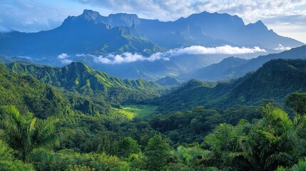 Naklejka premium A breathtaking view of mountains and lush valleys under a serene sky.