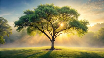 Obraz premium Serene Sunrise Illuminating a Majestic Tree on a Verdant Meadow