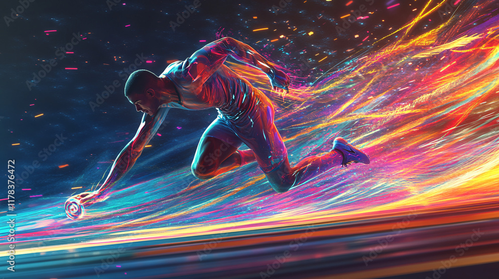 Poster an abstract representation of an athlete breaking a world record, with vibrant energy lines and patt