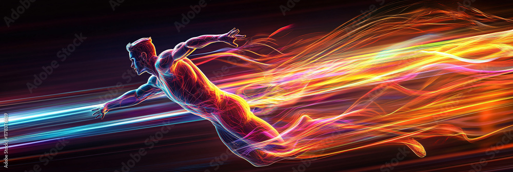Poster an abstract representation of an athlete breaking a world record, with vibrant energy lines and patt