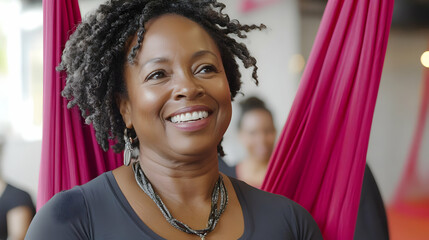 Joyful Woman in Aerial Yoga Photo