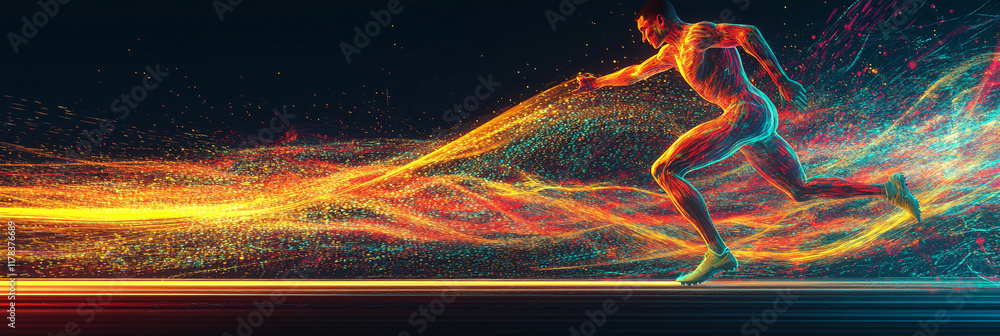 Poster an abstract representation of an athlete breaking a world record, with vibrant energy lines and patt