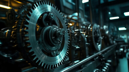 Fototapeta premium Industrial machinery and engineering mechanism with gears and cogs at work showcasing precision manufacturing technology