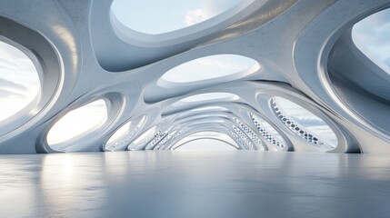 Fototapeta premium A futuristic architectural space with organic shapes and large openings for natural light.