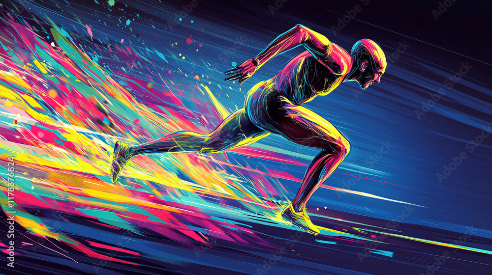 Poster an abstract representation of an athlete breaking a world record, with vibrant energy lines and patt