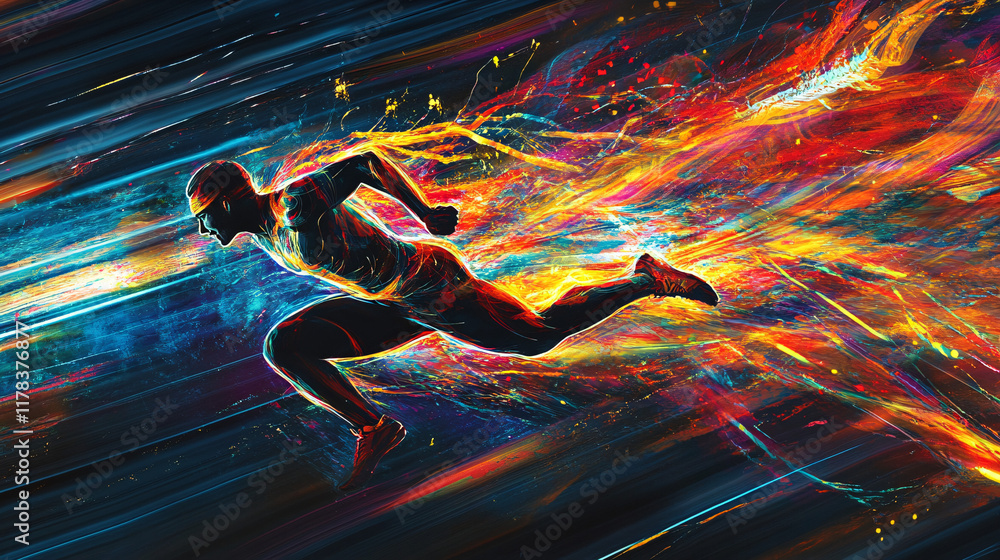 Poster an abstract representation of an athlete breaking a world record, with vibrant energy lines and patt