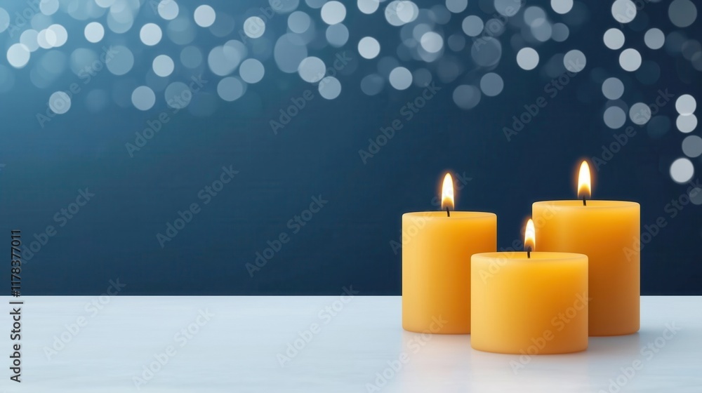 Poster a serene image featuring three lit yellow candles against a blurred blue background with bokeh light
