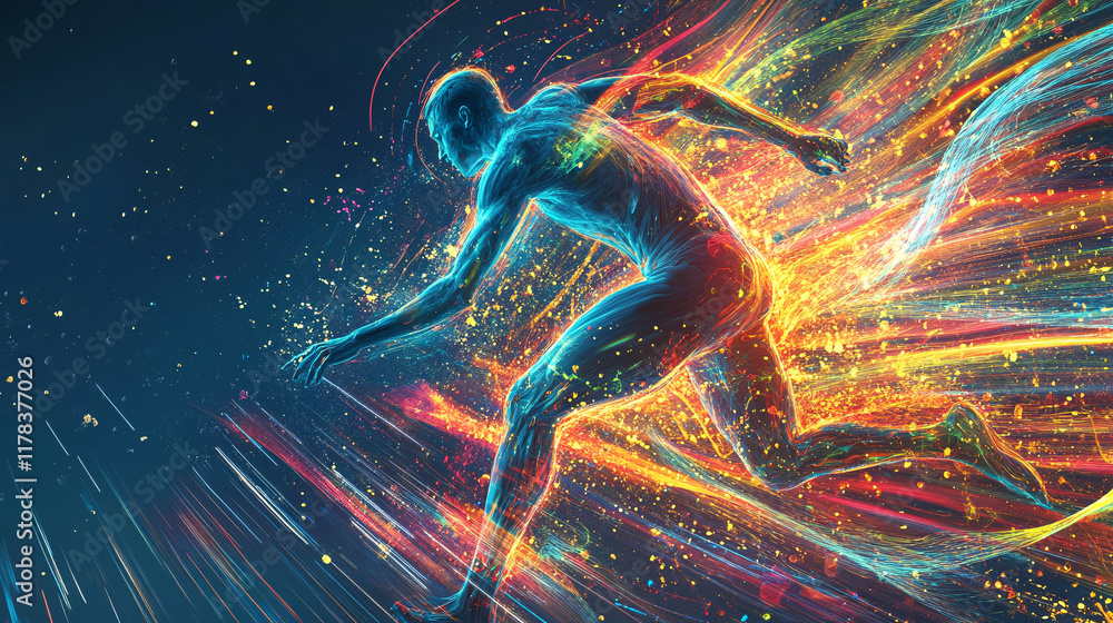 Poster an abstract representation of an athlete breaking a world record, with vibrant energy lines and patt