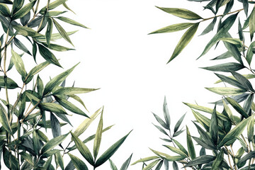 Lush bamboo leaves frame serene white background, creating tranquil vibe