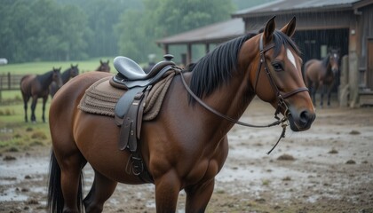 Obraz premium Brown horse with a saddle standing in the rain at a ranch with other horses in the background