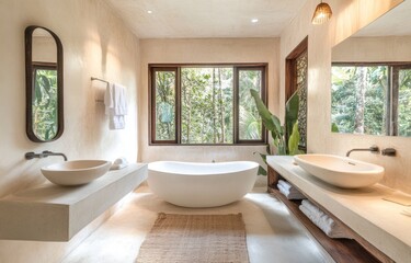 Luxurious bathroom with freestanding tub, double vanity, and jungle view.
