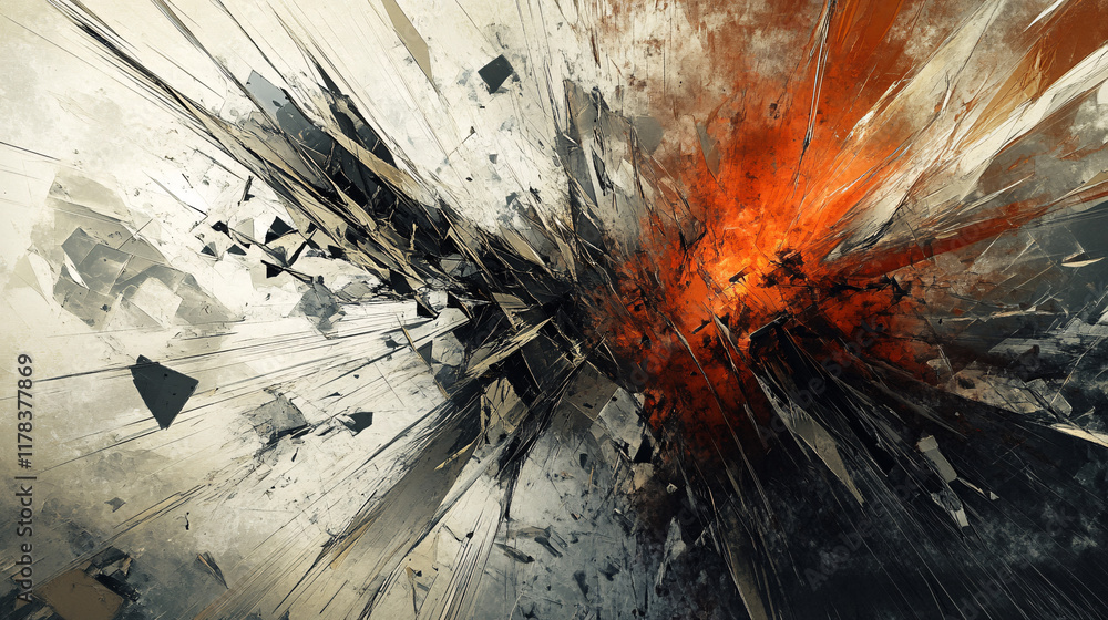 Poster an abstract representation of an earthquake, with jagged lines and fragmented shapes illustrating th