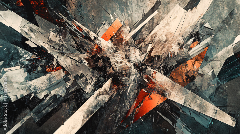 Poster an abstract representation of an earthquake, with jagged lines and fragmented shapes illustrating th