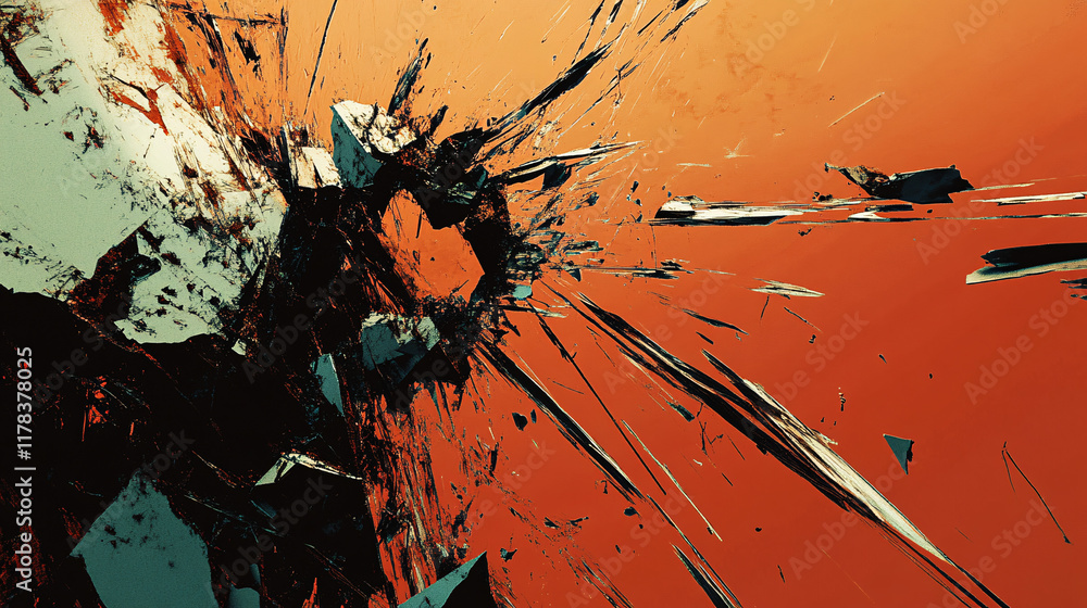 Poster an abstract representation of an earthquake, with jagged lines and fragmented shapes illustrating th