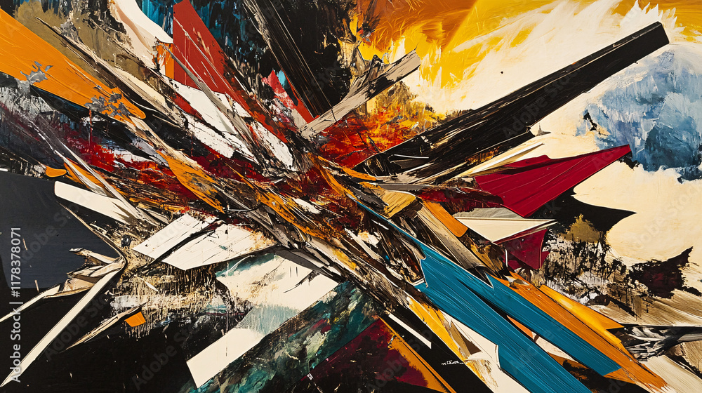 Poster an abstract representation of an earthquake, with jagged lines and fragmented shapes illustrating th