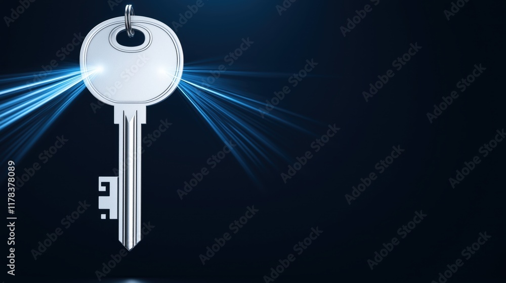 Poster a shiny key stands out against a dark background, illuminated by beams of light, symbolizing access 