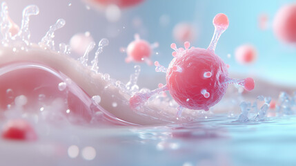 Simple 3D illustration of cancer cell dynamics, with healthy cells on the verge of being attacked, portraying fragility and resilience.