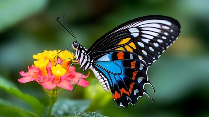 Naklejka premium A vibrant blue, black, orange, and white butterfly feeding on a pink and yellow flower.