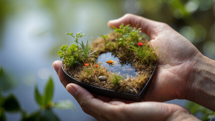 A close-up shot of human hands gently holding a small, heart-shaped piece of wetland landscape
