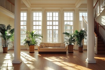 Sunlit Interior: Elegant Living Room with High Ceilings and Large Windows