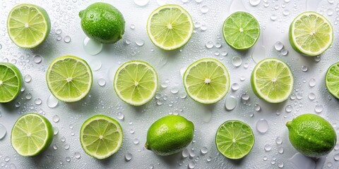 Refreshing Limes Arranged on a Dew-Kissed Surface, Showcasing Their Zesty and Juicy Nature