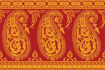 Seamless traditional Thai art bold gold colored floral pattern in damask style motifs suitable for wallpaper, curtain, clothing, blanket, tile and fabric design isolated over red background.
