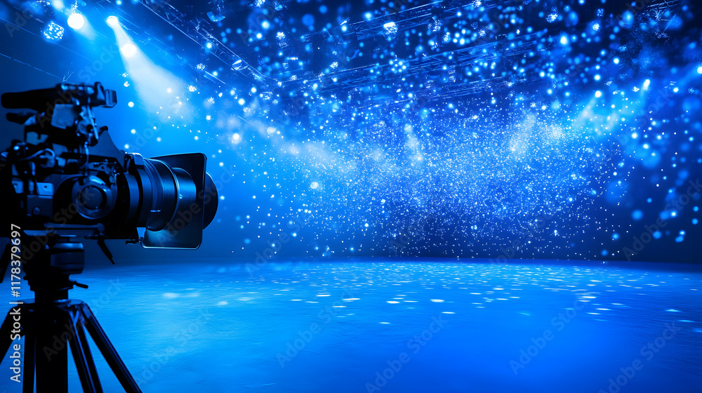 Aufkleber a vibrant blue-lit stage with sparkling lights and a camera set up, perfect for capturing dynamic pe