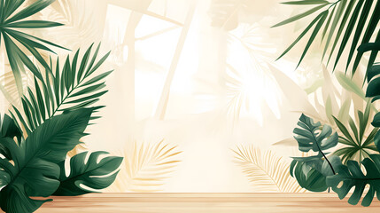 A serene, tropical backdrop featuring lush green leaves with a soft, warm light filtering through, creating a peaceful atmosphere