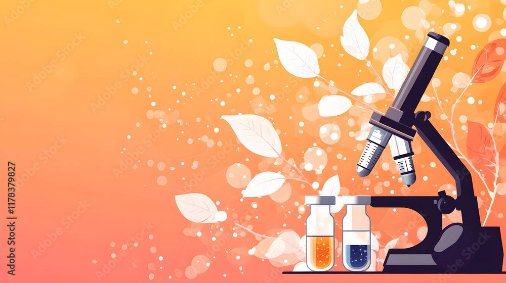 Poster A colorful illustration featuring a microscope beside vials, set against a vibrant background with abstract leaf patterns