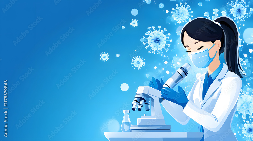 Poster a scientist in a lab coat examines samples under a microscope, surrounded by virus illustrations, sy
