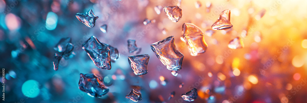 Poster an abstract representation of hailstorms, with colorful shards of ice tumbling against a vibrant bac