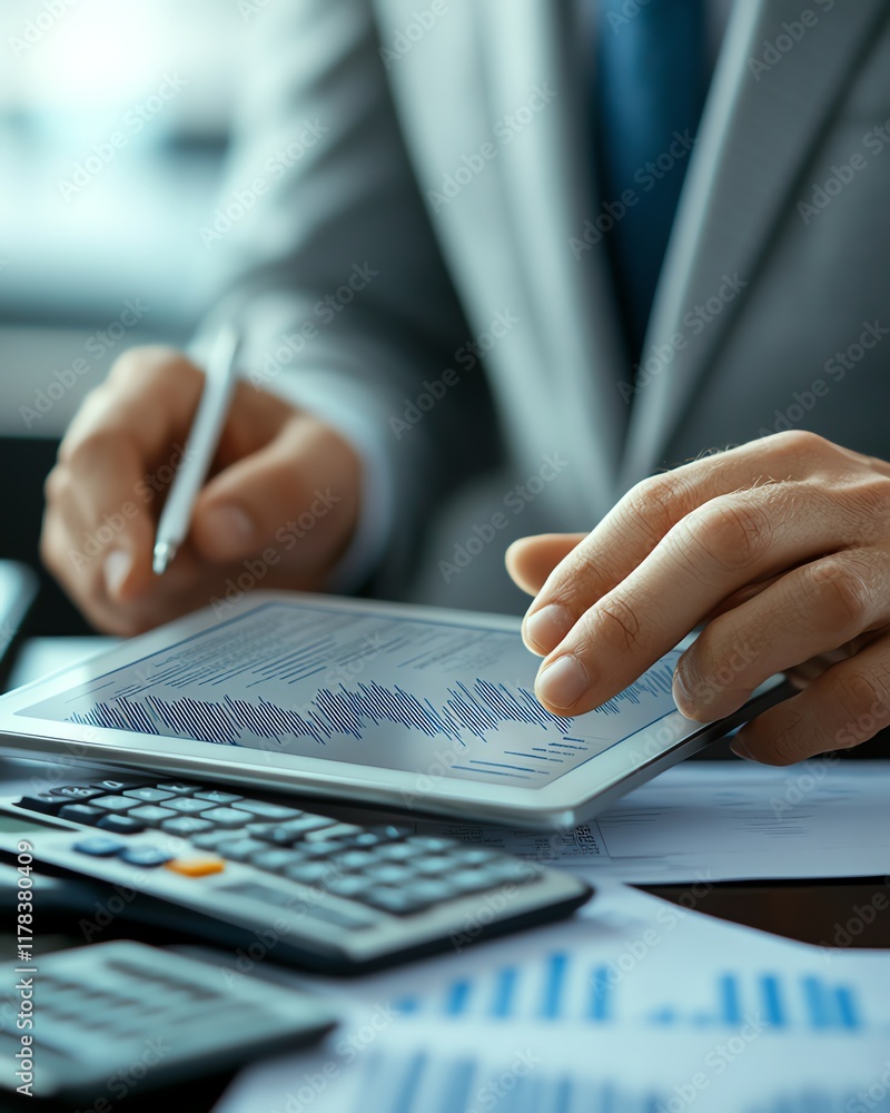 Poster businessman using a digital tablet to analyze financial data, charts and graphs on screen, calculato