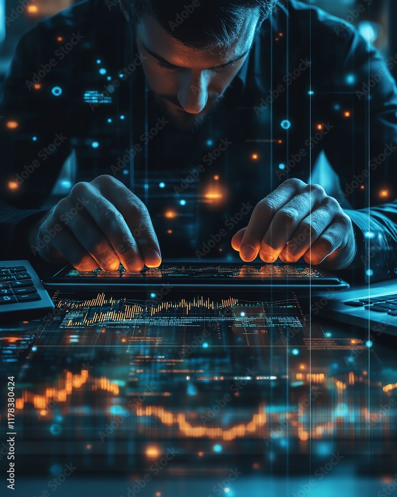 Poster businessman using a digital tablet to analyze financial data, charts and graphs on screen, calculato