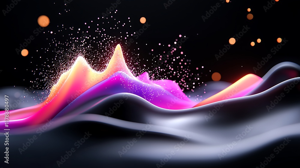 Poster abstract 3d render of glowing colorful waves and particles on dark background.
