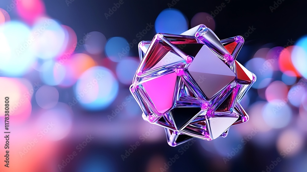 Poster abstract 3d rendering of a geometric, multifaceted, iridescent sphere against a bokeh background.